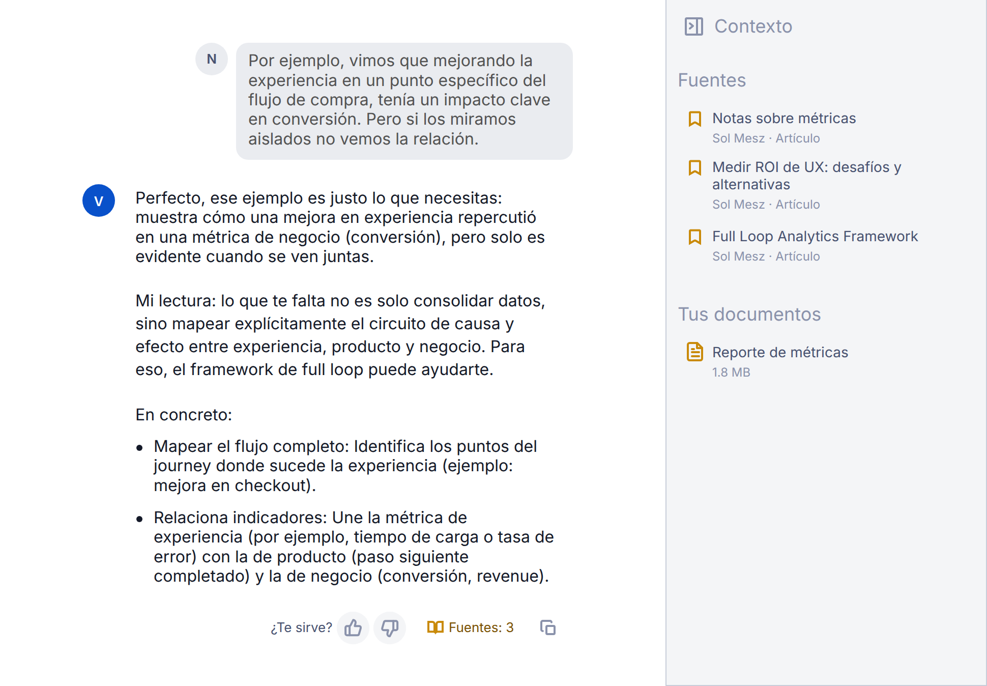 Captura de la interfaz de Verya con una respuesta y panel de fuentes usadas